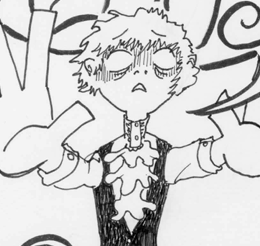 A gloomy blonde child with messy hair and baggy eyes.