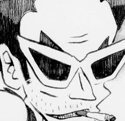 A ghoulish lanky man smoking a cigarette.